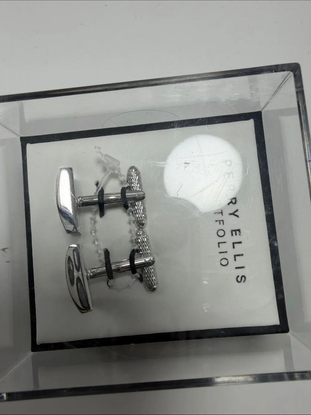 Perry Ellis Silver and Black Striped Cufflinks